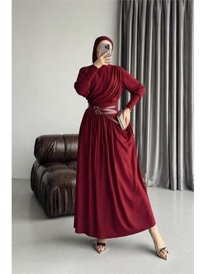 Neşeli Butik Kadın Kırmızı Drapeli Kemer Detaylı Sandy Kumaş Premium Tesettür Elbise NMS090