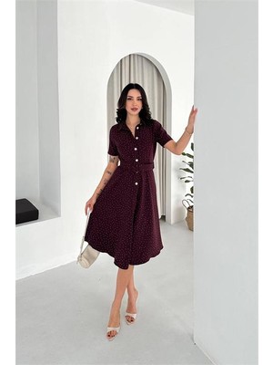 Neşeli Butik Kadın Bordo Kısa Kol Taş Detaylı Midi Boy Düğmeli Elbise NBK4604