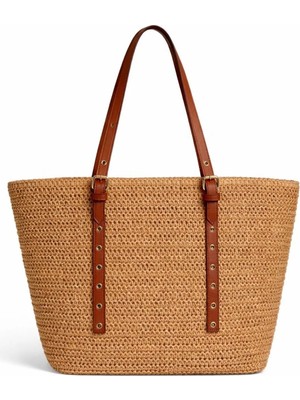 PaminBags Aksesuar Paminbags Deri Garnili Tote Hasır Çanta PMN0012