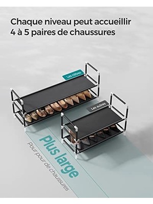Tech Butiq 2 Katlı Raf, Antre Dolabı Için Ayakkabı Saklama Çözümü, Ince ve Yer Tasarrufu Sağlayan, Metal Çerçeve, Dokuma Olmayan Kumaş Raflar, Siyah LSH052B01