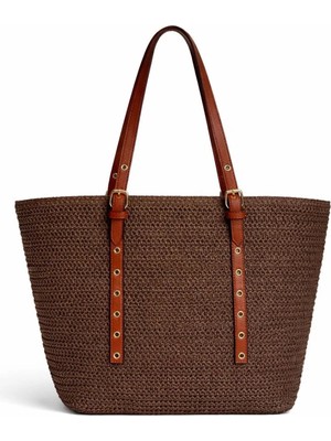 PaminBags Aksesuar Paminbags Deri Garnili Tote Hasır Çanta PMN0012