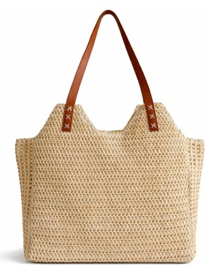 PaminBags Aksesuar Paminbags Hasır Askı Detaylı Tote Büyük Hasır Çanta PMN0014