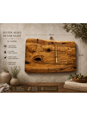 WoodBay El Yapımı Zeytin Ağacı Duvar Saati Doğal Ahşap Dekoratif Sessiz Mekanizma 34X20 cm