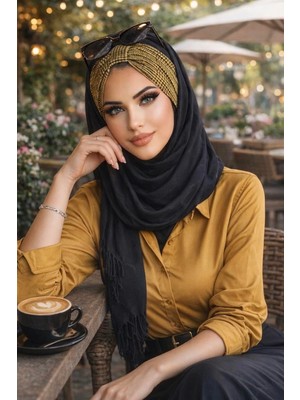 Aişe Tesettür Siyah Hardal Kışlık Hazır Şal