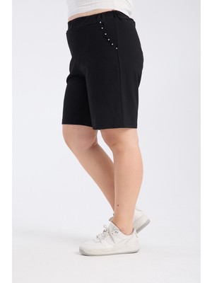 Gül Moda Siyah Cep Taşlı Büyük Beden Kumaş Şort G122-3