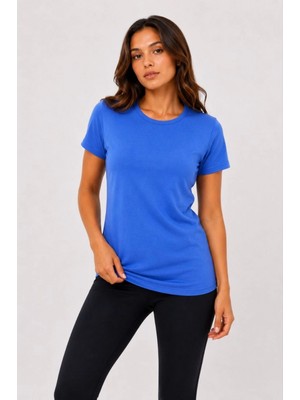 Marsilyan Kadın Basic Tişört Bisiklet Yaka Kısa Kol Günlük Yazlık Slim Fit T-Shirt - Mavi