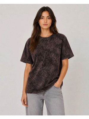 Marsilyan Kadın Yıkamalı Washed Effect Tişört Bisiklet Yaka Sokak Stil Kısa Kol T-Shirt - Siyah