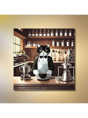 Tech Butiq Kare Kanvas Kahve Köşesi Cafe Tablosu Barista Smokin Kedi, 70 x 70