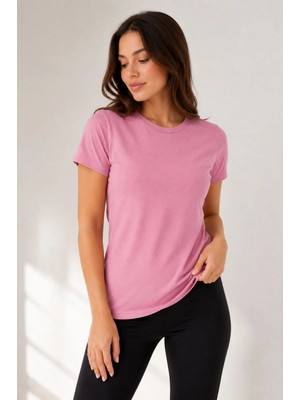 Marsilyan Kadın Basic Tişört Bisiklet Yaka Kısa Kol Günlük Yazlık Slim Fit T-Shirt - Pembe