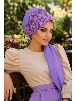 Aişe Tesettür Lila Çiçek Bandana Hazır Şal