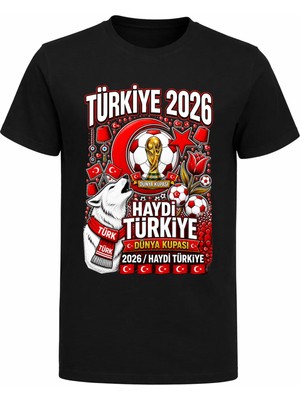 Efendioğlu Design Laleler ve Bozkurt Baskılı Haydi Türkiye Baskılı Pamuklu 2026 Dünya Kupası T-Shirt