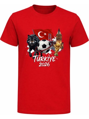 Efendioğlu Design Kurt Bayrak Köprü Galata Kulesi Baskılı 2026 Türkiye Temalı Dünya Kupası T-Shirt