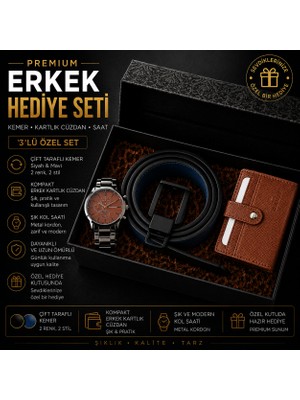 Erkek Premium Hediye Seti - Çift Taraflı Kemer, Kompakt Erkek Kartlık Cüzdan & Kol Saati 3 Lü Kombin