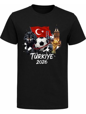 Efendioğlu Design Kurt Bayrak Köprü Galata Kulesi Baskılı 2026 Türkiye Temalı Dünya Kupası Çocuk T-Shirt