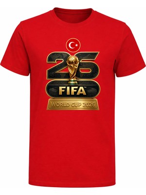 Efendioğlu Design Altın Renginde 2026 Dünya Kupası Baskılı Pamuklu Kısa Kollu Çocuk T-Shirt