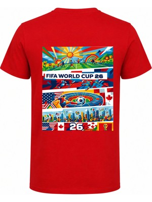 Efendioğlu Design Önde Logo Arkada Renkli Dünya Kupası 2026 Görseli Baskılı Pamuklu Yetişkin T-Shirt