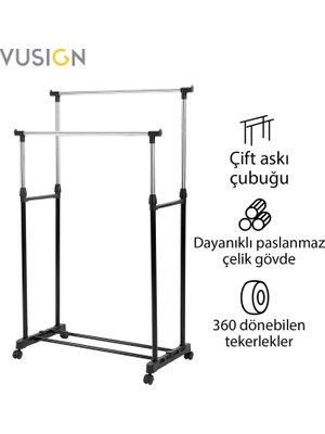 Vusign Vusıgn Çift Askılı Karbon Çelik Elbise Askısı Tekerlekli Askılık 160X43X80 cm Gümüş