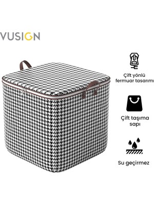 Vusign Vusıgn Fermuarlı Kapitone Çanta 140L –  (56×45×56 Cm) Kaz Ayağı Desenli  Çok Amaçlı Saklama Çantası