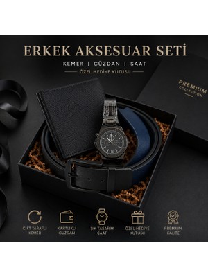 Erkek Hediye Seti Çift Taraflı Kemer Cüzdan Saat Özel Kutulu
