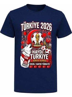 Efendioğlu Design Laleler ve Bozkurt Baskılı Haydi Türkiye Baskılı Pamuklu 2026 Dünya Kupası T-Shirt