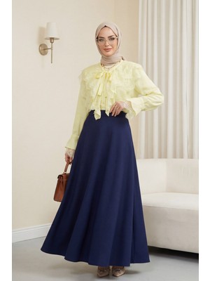 Moda Morfo Yakası Bağcıklı Fırfırlı Dantel Detaylı Arkası Uzun Cupra Gömlek  -Açık Sarı