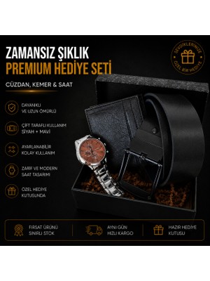 Erkek Hediye Seti - Çift Taraflı Siyah/mavi Kemer, Klasik Cüzdan ve Metal Kordon Saat Kombini