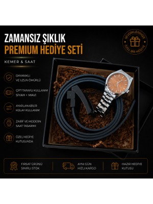 Erkek Premium Hediye Seti - Çift Taraflı Siyah/mavi Kemer ve Metal Kordon Saat Kutulu Kombin