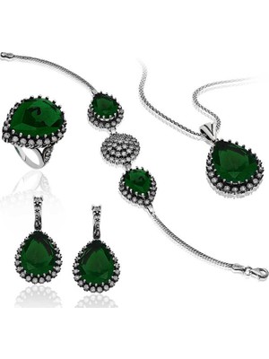 Blackcraft 925 Ayar Gümüş Otantik Hürrem Sultan Zümrüt Yeşili Kadın Set