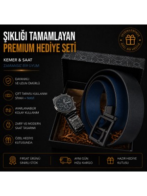 Erkek Premium Hediye Seti - Çift Taraflı Siyah/mavi Kemer ve Metal Kordon Saat Kombini