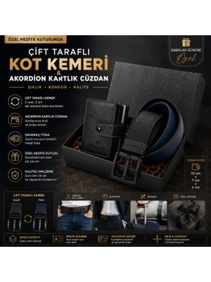 Erkek Akordion Kartlık Cüzdan & Siyah/mavi Çift Taraflı Kot Kemeri Hediye Seti - Özel Kutulu