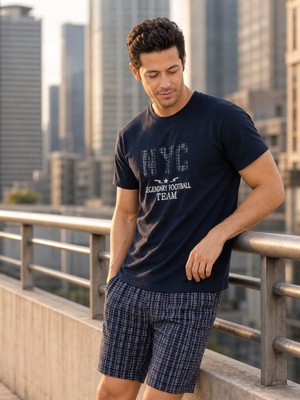 Donwear Erkek Lacivert Nyc Baskılı Yazlık Pamuklu T-Shirt ve Ekose Şort Takımı