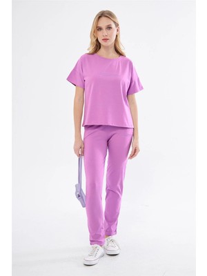 Ponçik Kadın Kabartma Baskılı Eşofman Takım 24015 Koyu Pembe