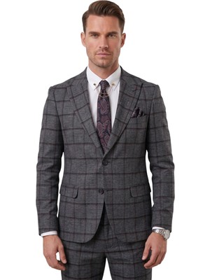 Deepsea Antrasit Kare Desenli Slim Fit Erkek Takım Elbise – Çift Düğme Çift Yırtmaç 2’li Takım 2601812