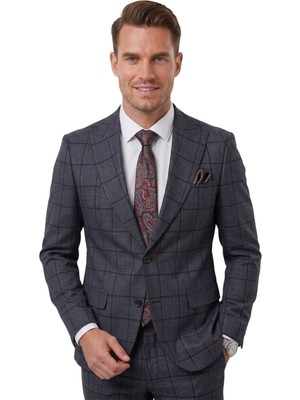 Deepsea Lacivert Kare Desenli Slim Fit Erkek Takım Elbise – Çift Düğme Çift Yırtmaç 2’li Takım 2601812