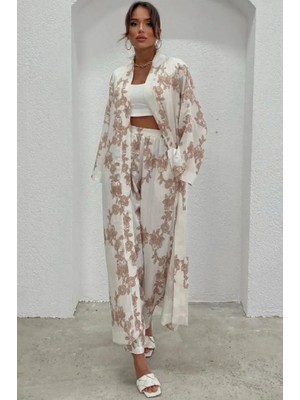 Nana & Mayka Moda Kadın Bej Desenli Gofre Kimono Pantolon Takım Yazlık Bohem Salaş Alt Üst Kombin