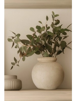 Lui Tasarım Krem Rengi Alya Vazo 20 cm Dokulu Stonware Toprak Vazo Doğal Modern Minimalist