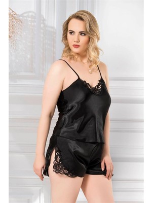 Secret Büyük Beden Siyah Saten Babydoll Şort Takımı Zarif Kadın Gece Giyim Mery Woman