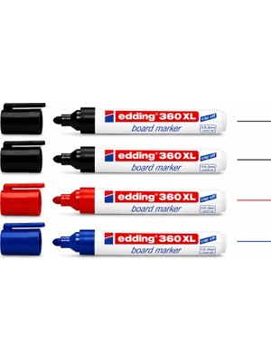 Edding 360 Xl 4’lü Tahta Kalemi Seti, 2 Siyah 1 Mavi 1 Kırmızı, Silinebilir Whiteboard Marker, 1.5-3 mm Yuvarlak Uç, Doldurulabilir Yazı Tahtası Kalemi