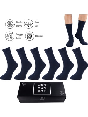 Lion Monroe Saf Bambu Erkek Soket Uzun Düz Lacivert Çorap Dikişsiz Premium Kutulu 6'lı