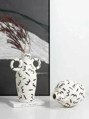 Lui Tasarım Modern Avrupa Tarz 2 Li Vazo Seti Casata Beyaz Desenli Stonware Seramik 34 cm 24 cm