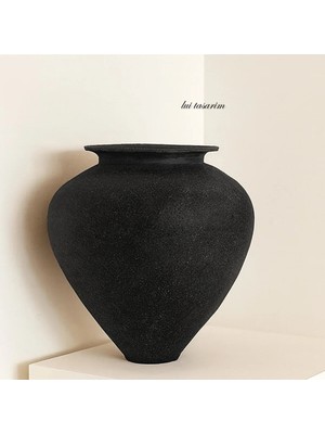 Lui Tasarım Siyah Rengi Xxl Boy Vazo Pita Dokulu Stoneware Modern Doğal Çömlek Dekorasyon El Yapımı 31*28 cm