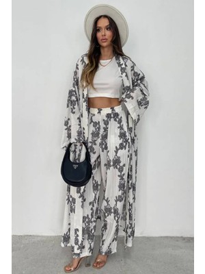 Nana & Mayka Moda Kadın Gri Desenli Gofre Kimono Pantolon Takım Yazlık Bohem Salaş Alt Üst Kombin