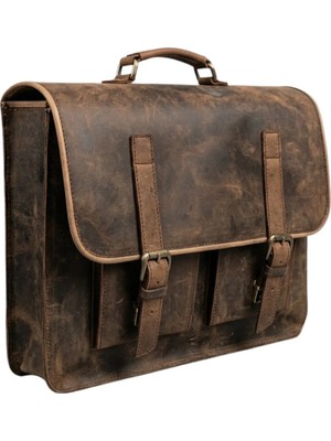 Huggy Craft Mihmander Hakiki Deri Laptop ve Evrak Çantası - El Yapımı Vintage Postacı Çantası