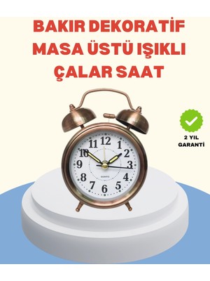 Varyant Store  Metal Bronz Nostaljik Masa Saati Alarmlı Büyük Boy Sessiz Mekanizmalı