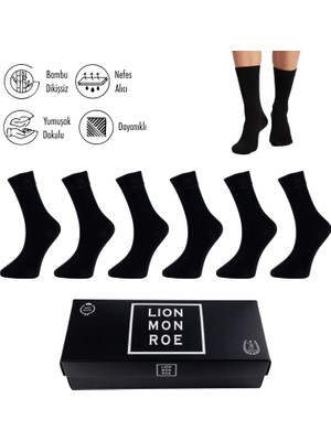 Lion Monroe Saf Bambu Erkek Soket Uzun Düz Siyah Çorap Dikişsiz Premium Kutulu 6'lı