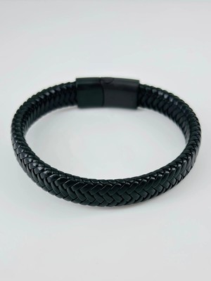 Eco Port Siyah Deri / Çelik  Erkek Deri Bileklik 20 Cm  - EBL0065