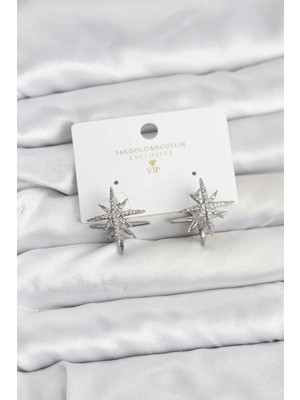 My Best Store Ietaks™ Gümüş Renk Pirinç Çift Taraflı Kutup Yıldızı Kadın Küpe
