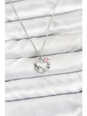 My Best Store Ietaks™ 316L Çelik Zincir Gümüş Renk Pembe Taş Detaylı Çelenk Model Kadın Kolye