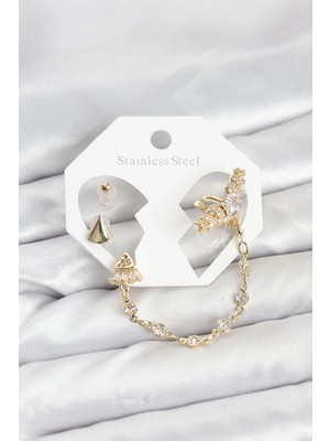 My Best Store Ietaks™ Pirinç Gold Renk Yıldızlı Model Zincir Bağlantılı Ear Cuff Küpe Seti