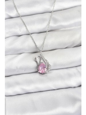 My Best Store 316L Çelik Zincir Gümüş Renk Pembe Kuğu Model Zirkon Taşlı Kadın Kolye